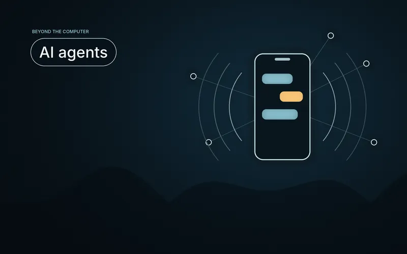 Illustration of a phone with messages and voice waves connected to a network of agents