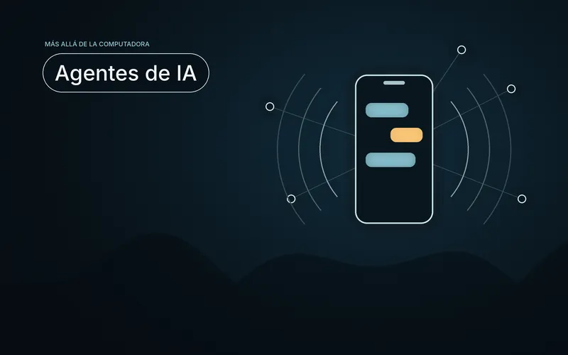 Ilustración de un celular con mensajes y ondas de voz conectado a una red de agentes