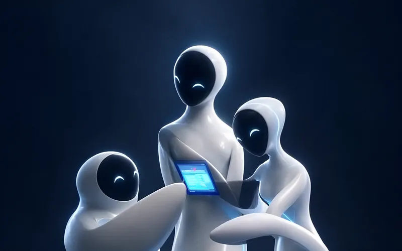 Three AXTRA figures working together around a tablet