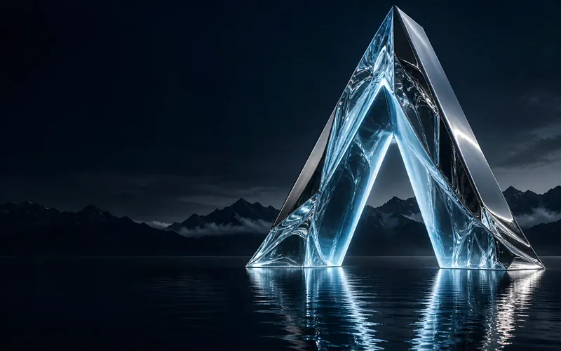 Crystal A sculpture standing in a mountain lake at night