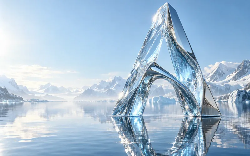 Crystal A sculpture on a glacial lake in daylight